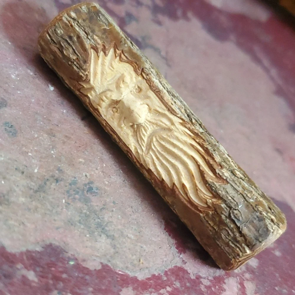 Wood spirit carving brooch green man. DY789